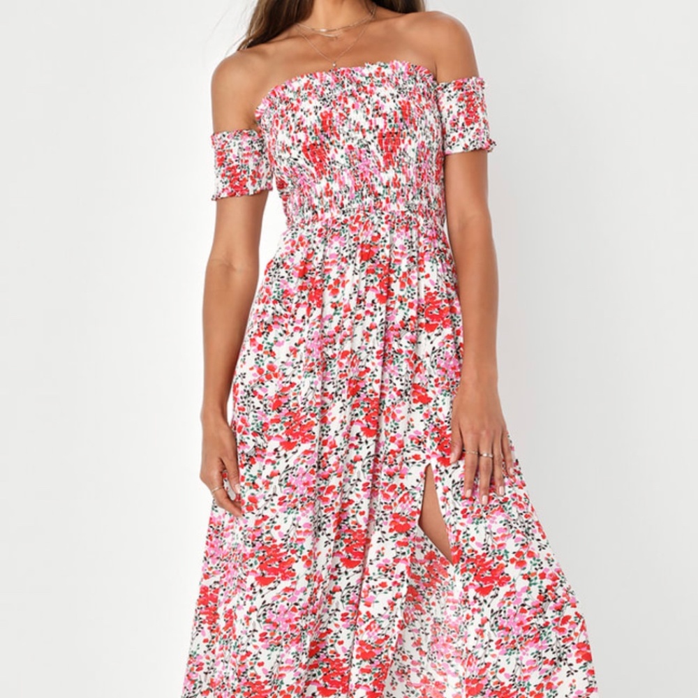 View from the Meadow Cream Floral Print Off-the-Shoulder Dress